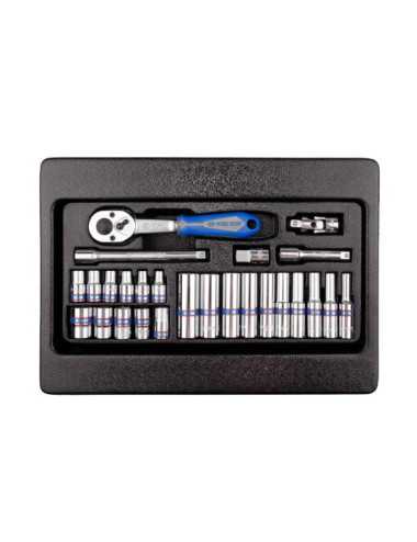 KING TONY ZESTAW NASADEK 1 4 26 ELEMENTÓW KRÓTKIE, DŁUGIE  6-KĄTNE 4 - 13mm Z AKCESORIAMI, WKŁAD DO WÓZKA