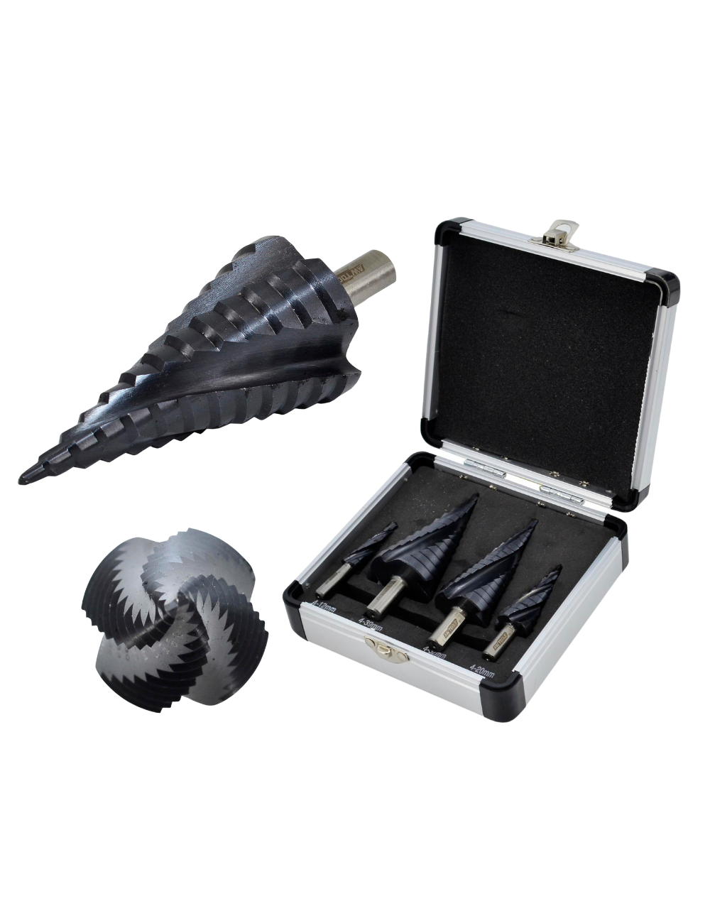 AWTOOLS WIERTŁO STOPNIOWE SPIRALNE M2-TiAlN  KOMPLET  4 szt. 4-12mm 4-20mm 4-32mm 4-39mm  BL