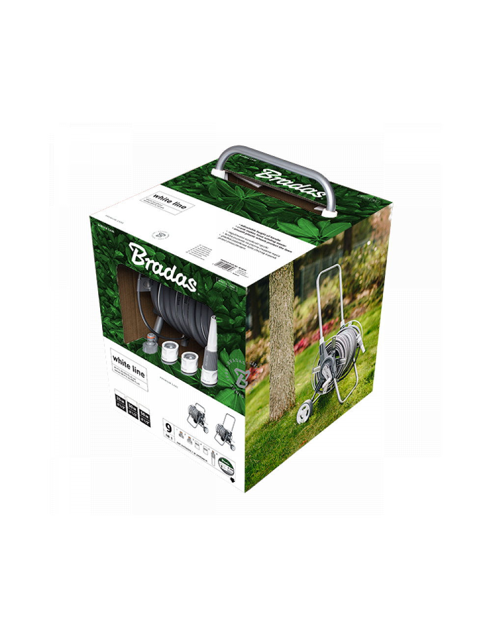 BRADAS BĘBEN WÓZEK NA WĄŻ OGRODOWY ZESTAW 30mb 1 2" NA KOŁACH WHITE SILVER PLUS