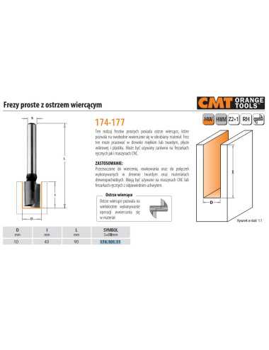 CMT FREZ PROSTY WIERCĄCY HM D=10 I=40 L=90 S=8