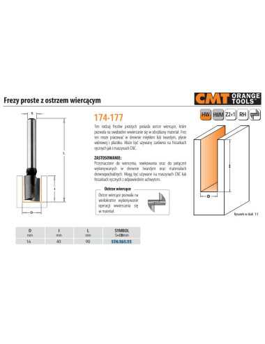 CMT FREZ PROSTY WIERCĄCY HM D=16 I=40 L=90 S=8