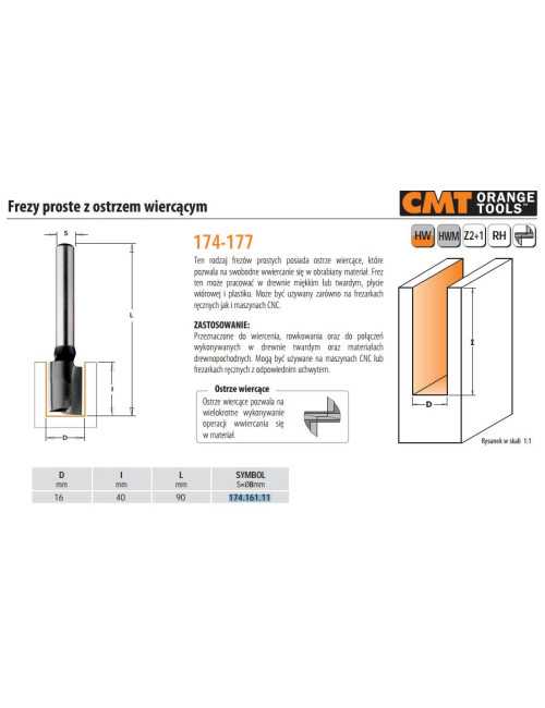 CMT FREZ PROSTY WIERCĄCY HM D=16 I=40 L=90 S=8
