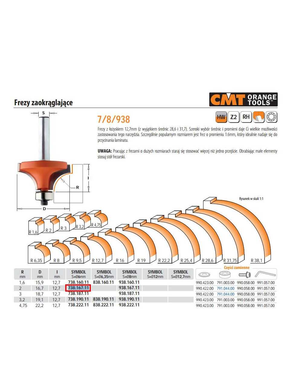 CMT FREZ ZAOKRĄGLAJĄCY Z ŁOŻYSKIEM HM R= 2 D=16,7 I=12,7 S=6
