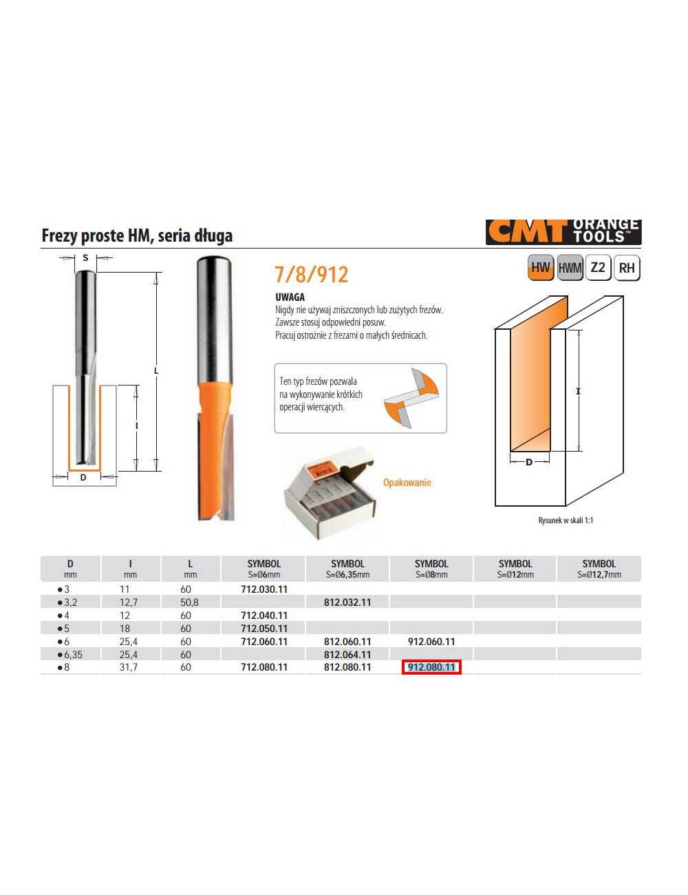 CMT FREZ PROSTY DŁUGI HM D= 8 I=31,7 L=60 S=8