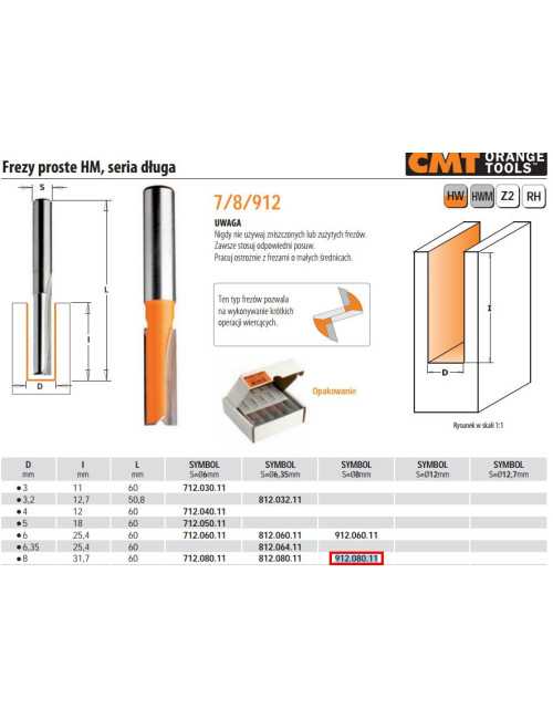 CMT FREZ PROSTY DŁUGI HM D= 8 I=31,7 L=60 S=8