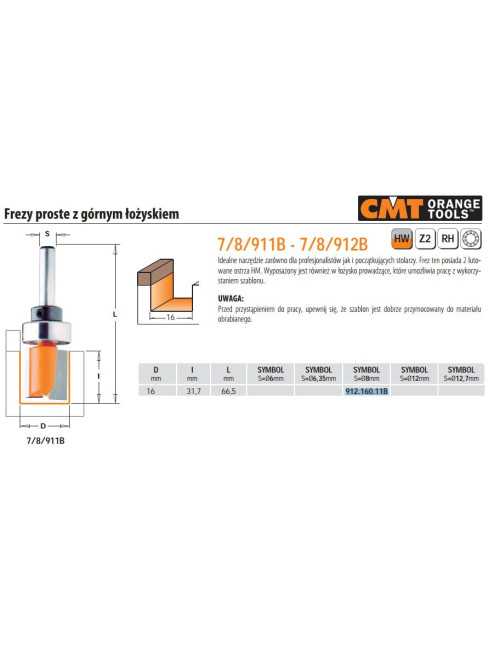CMT FREZ PROSTY HM D=16 I=31,7 L=60 S=8 Z GÓRNYM ŁOŻYSKIEM