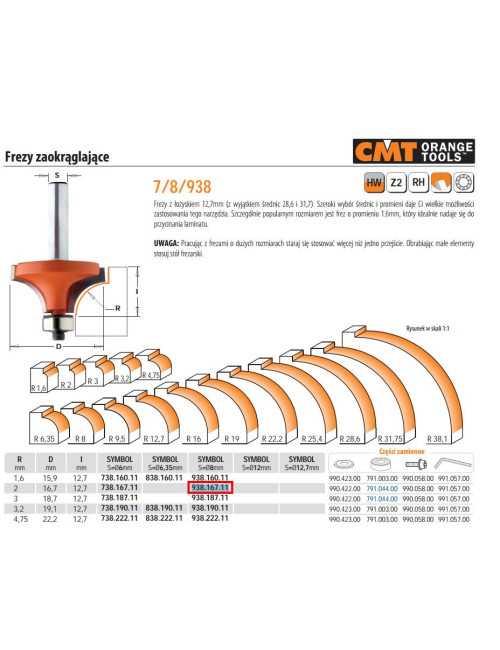 CMT FREZ ZAOKRĄGLAJĄCY Z ŁOŻYSKIEM HM R= 2 D=16,7 I=12,7 S=8