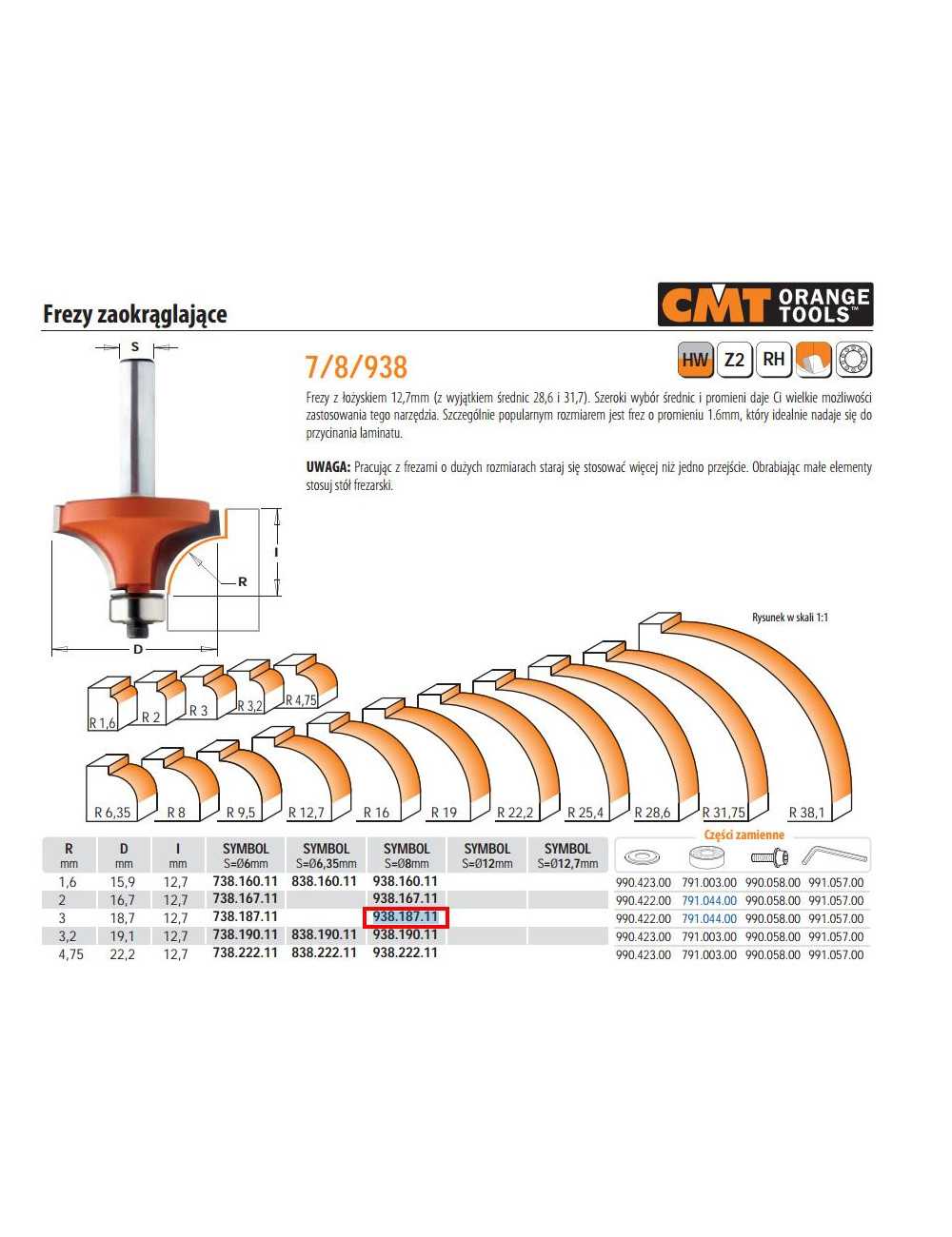 CMT FREZ ZAOKRĄGLAJĄCY Z ŁOŻYSKIEM HM R= 3 D=18,7 I=12,7 S=8