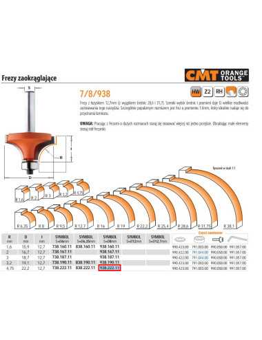 CMT FREZ ZAOKRĄGLAJĄCY Z ŁOŻYSKIEM HM R= 4,75 D=22,2 I=12,7 S=8