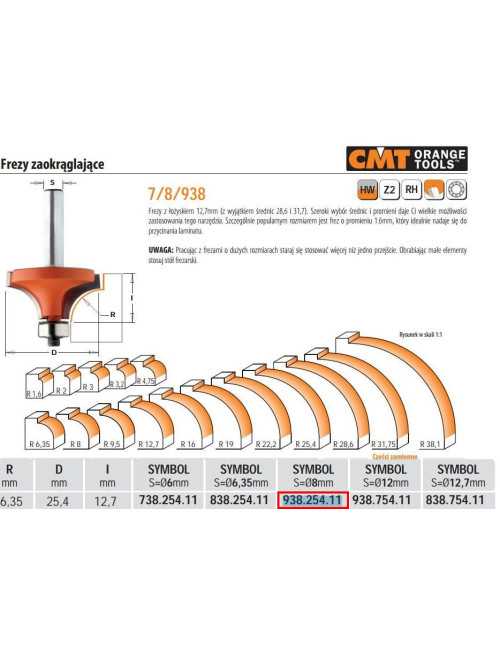 CMT FREZ ZAOKRĄGLAJĄCY Z ŁOŻYSKIEM HM R= 6,35 D=25,4 I=12,7 S=8