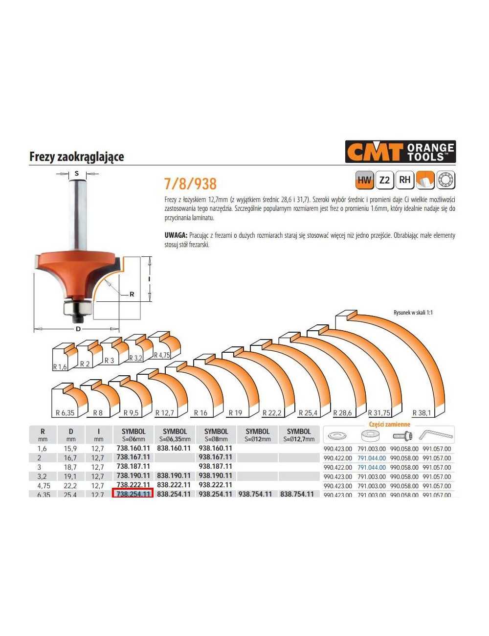 CMT FREZ ZAOKRĄGLAJĄCY Z ŁOŻYSKIEM HM R= 6,35 D=25,4 I=12,7 S=6