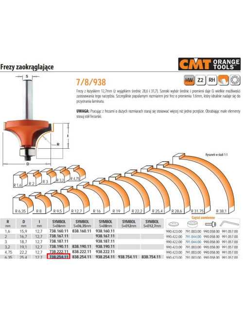 CMT FREZ ZAOKRĄGLAJĄCY Z ŁOŻYSKIEM HM R= 6,35 D=25,4 I=12,7 S=6