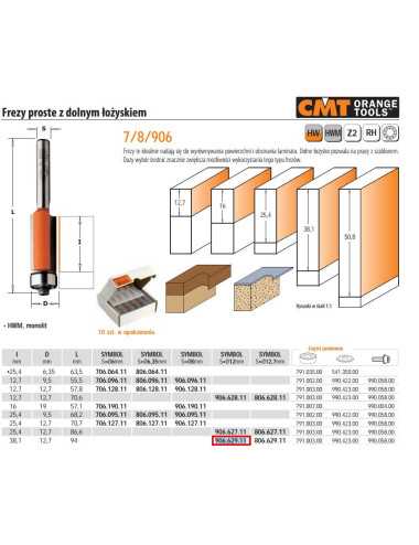 CMT FREZ PROSTY Z ŁOŻYSKIEM DOLNYM HM I=38,1 D=12,7 S=12