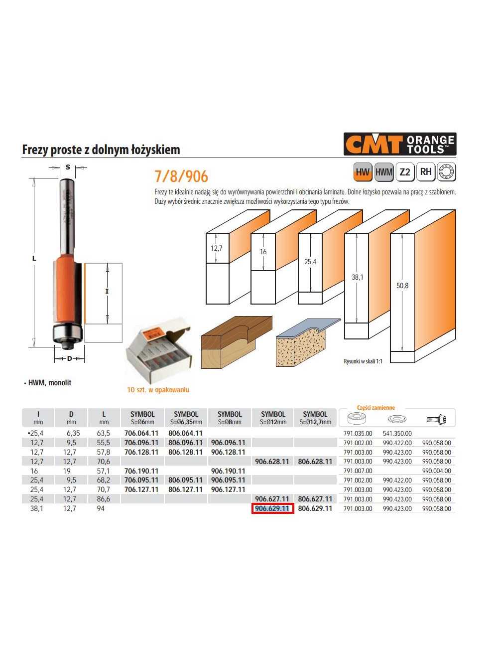CMT FREZ PROSTY Z ŁOŻYSKIEM DOLNYM HM I=38,1 D=12,7 S=12