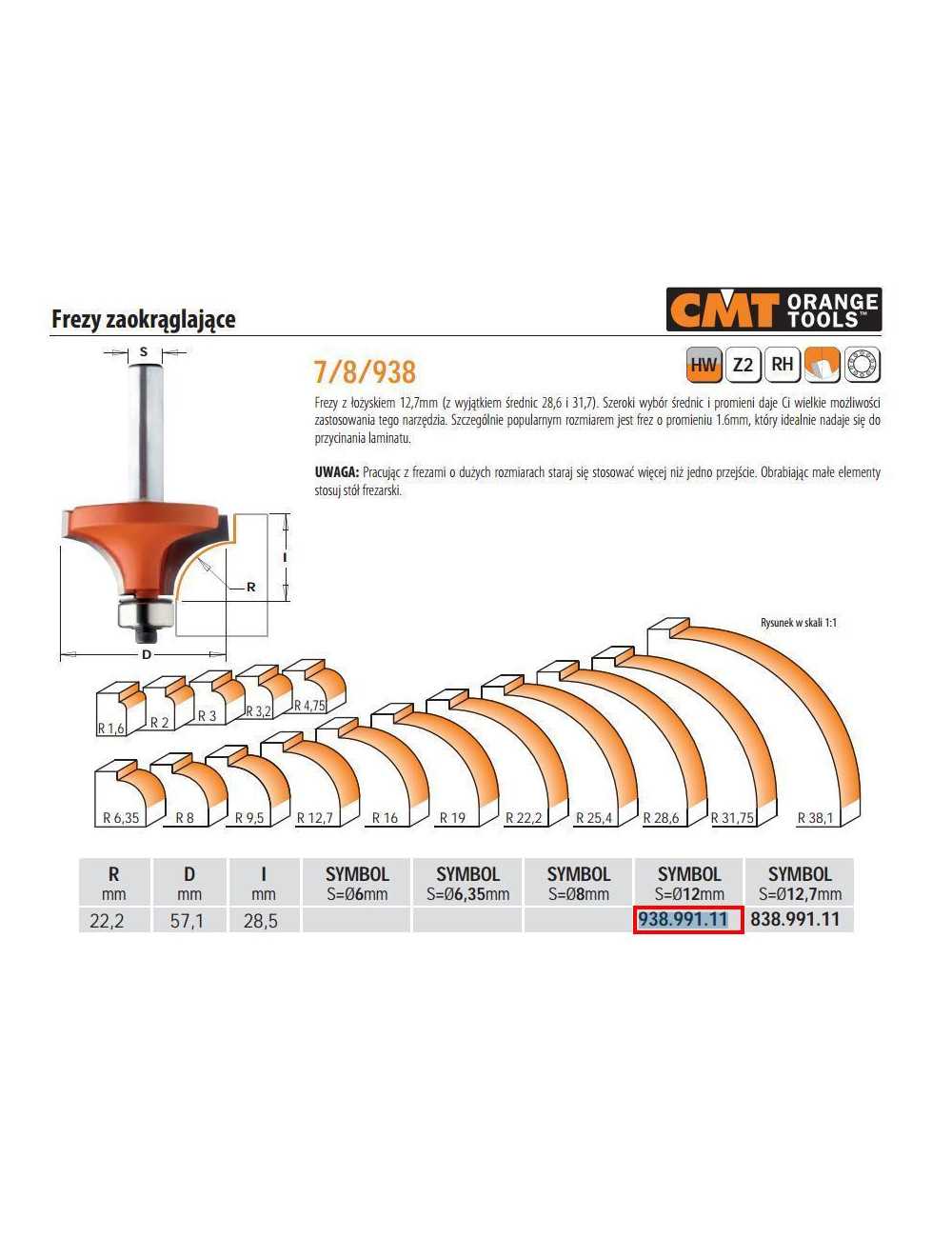 CMT FREZ ZAOKRĄGLAJĄCY Z ŁOŻYSKIEM HM R=22,2 D=57,1 I=28,4 S=12