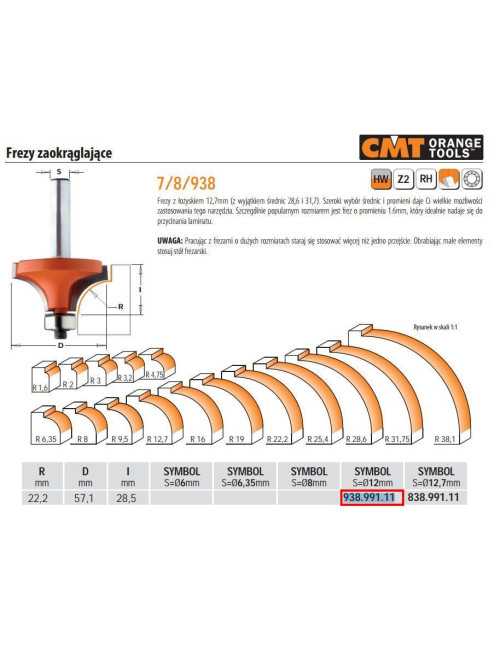 CMT FREZ ZAOKRĄGLAJĄCY Z ŁOŻYSKIEM HM R=22,2 D=57,1 I=28,4 S=12