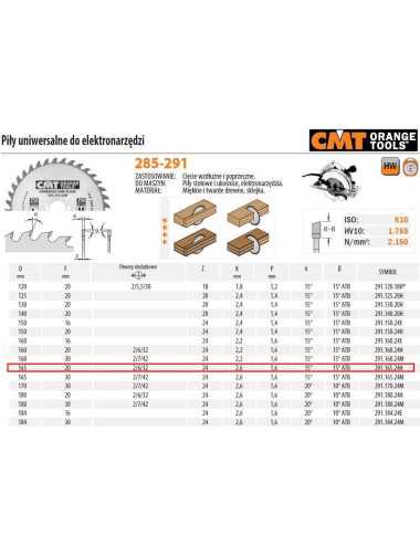 CMT PIŁA UNIWERSALNA, DO CIĘCIA WZDŁUŻNEGO I POPRZECZNEGO HM D=165 F=20 Z=24 K=2,4 1,4