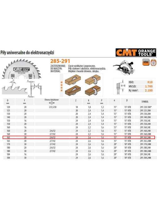 CMT PIŁA UNIWERSALNA, DO CIĘCIA WZDŁUŻNEGO I POPRZECZNEGO HM D=165 F=20 Z=24 K=2,4 1,4