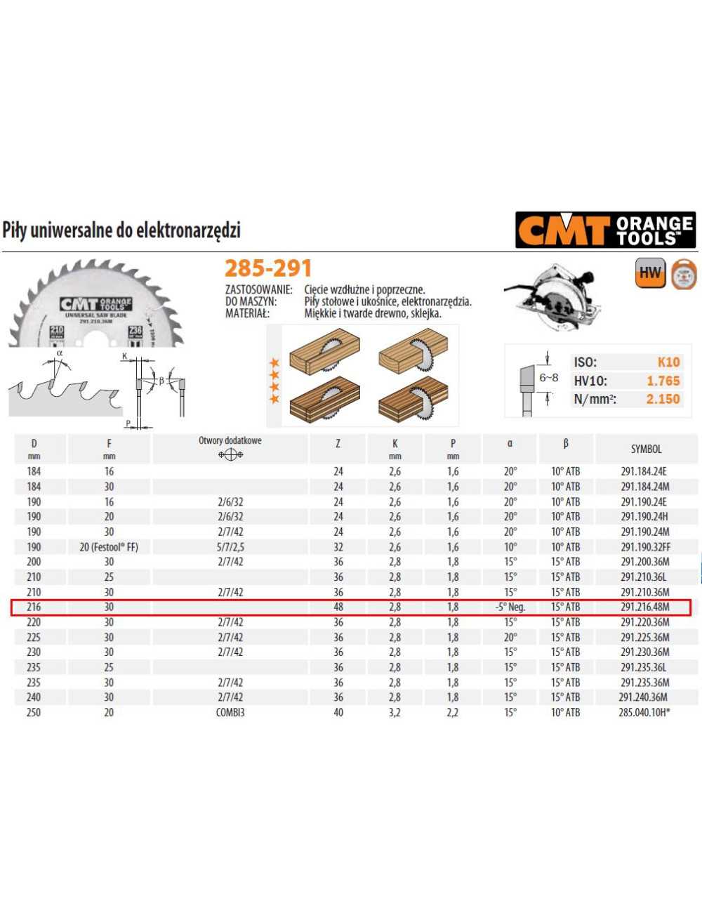 CMT PIŁA UNIWERSALNA, DO CIĘCIA WZDŁUŻNEGO I POPRZECZNEGO HM 216x30x2,8 1,8 Z=48