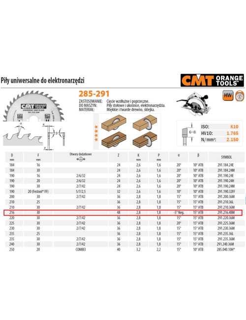CMT PIŁA UNIWERSALNA, DO CIĘCIA WZDŁUŻNEGO I POPRZECZNEGO HM 216x30x2,8 1,8 Z=48