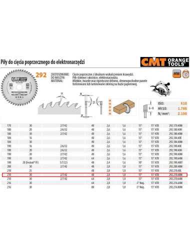 CMT PIŁA DO CIĘCIA POPRZECZNEGO, OBRÓBKA WYKAŃCZAJĄCA HM 210x30x2,8 1,8 Z=48