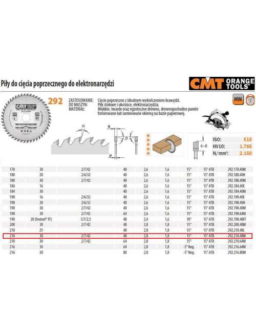 CMT PIŁA DO CIĘCIA POPRZECZNEGO, OBRÓBKA WYKAŃCZAJĄCA HM 210x30x2,8 1,8 Z=48