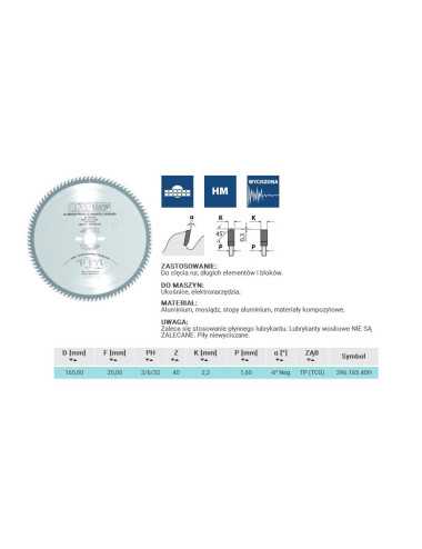 PIŁA HW D=165 F=20 Z=40 K=2,2 1,6 ALUMINIUM, MOSIĄDZ, KOMPOZYT CMT