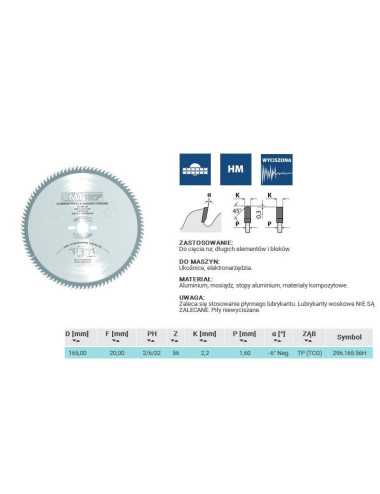 PIŁA HW D=165 F=20 Z=56 K=2,2 1,6 ALUMINIUM, MOSIĄDZ, KOMPOZYT