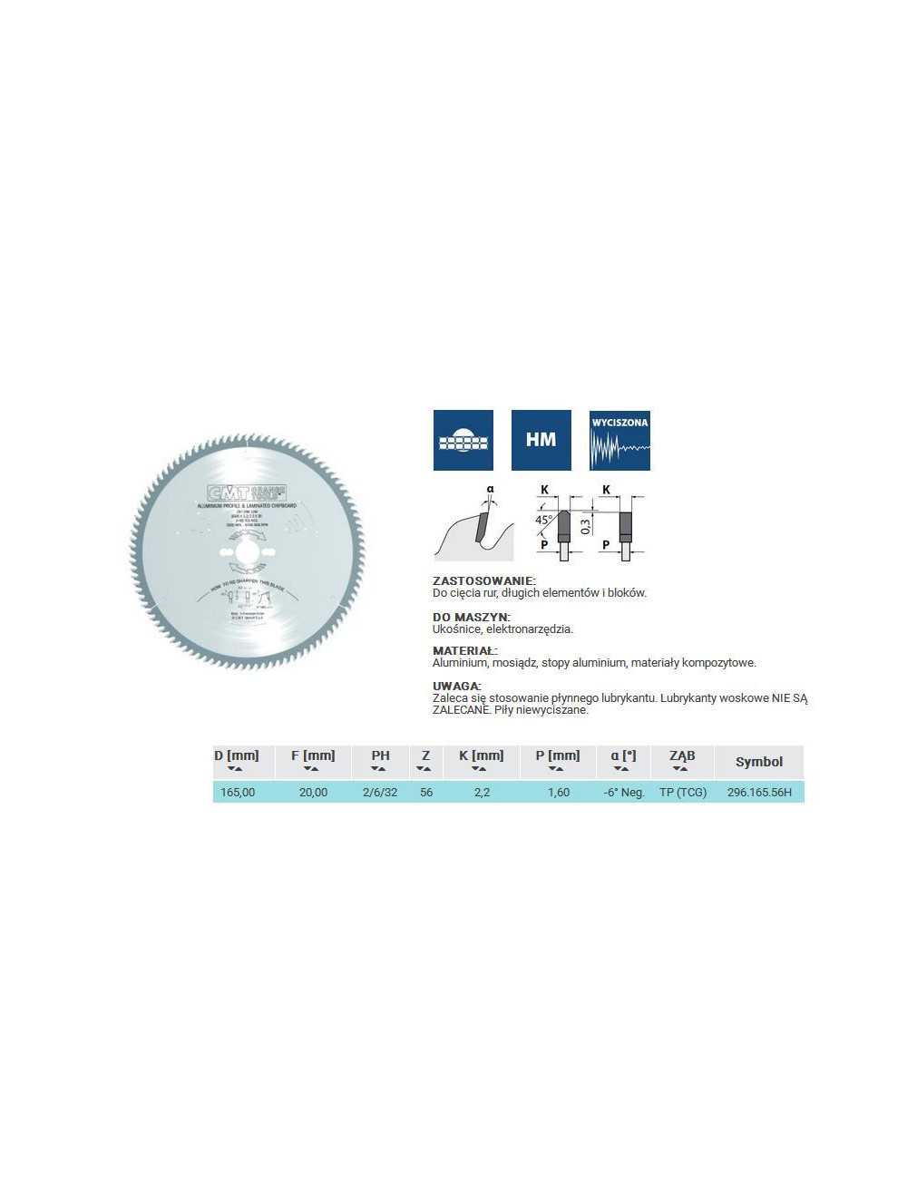 PIŁA HW D=165 F=20 Z=56 K=2,2 1,6 ALUMINIUM, MOSIĄDZ, KOMPOZYT