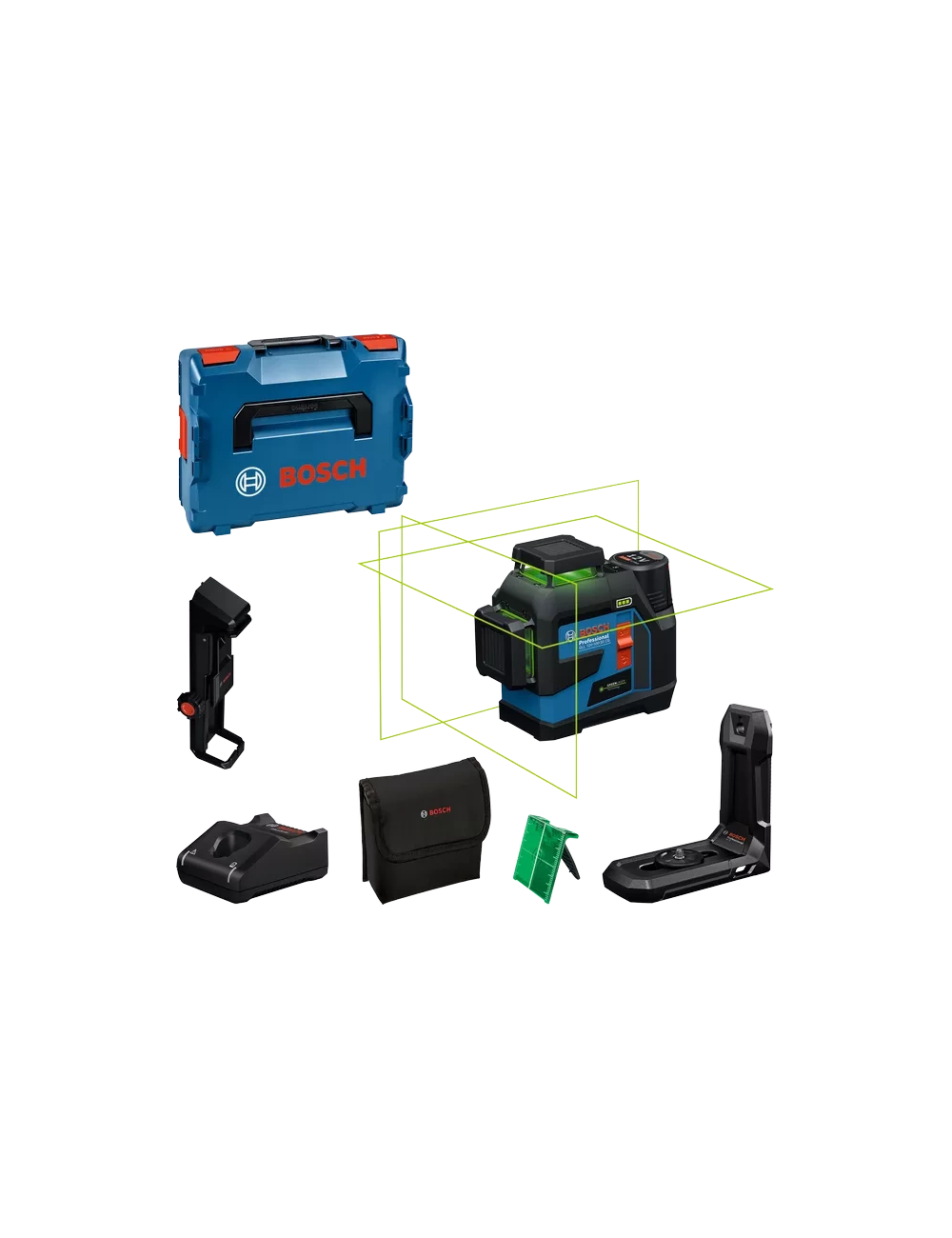 BOSCH LASER PŁASZCZYZNOWY GLL 12V-100-33 CG ZIELONY + UCHWYT LB 10 + KLAMRA DK20 1x2,0Ah LB