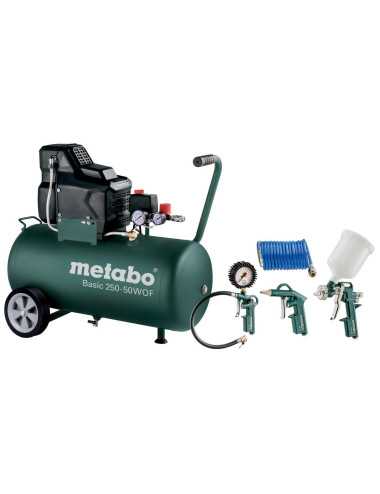 METABO KOMPRESOR BASIC 250-50 W OF + ZESTAW NARZĘDZI PNEUMATYCZNYCH LPZ 4  230V 50L 8BAR 120L MIN BEZOLEJOWY