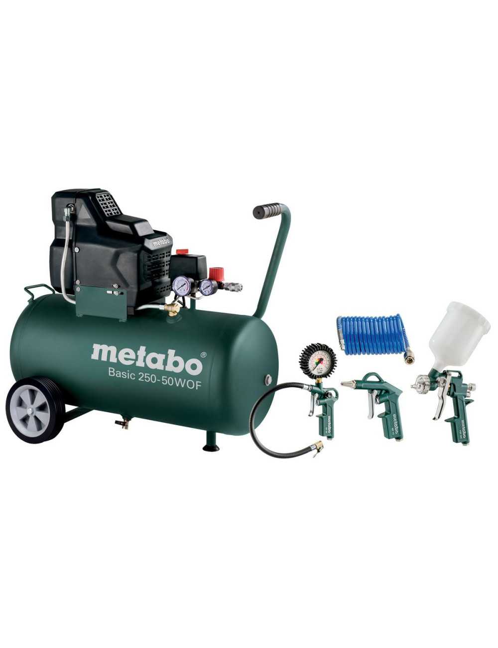 METABO KOMPRESOR BASIC 250-50 W OF + ZESTAW NARZĘDZI PNEUMATYCZNYCH LPZ 4  230V 50L 8BAR 120L MIN BEZOLEJOWY