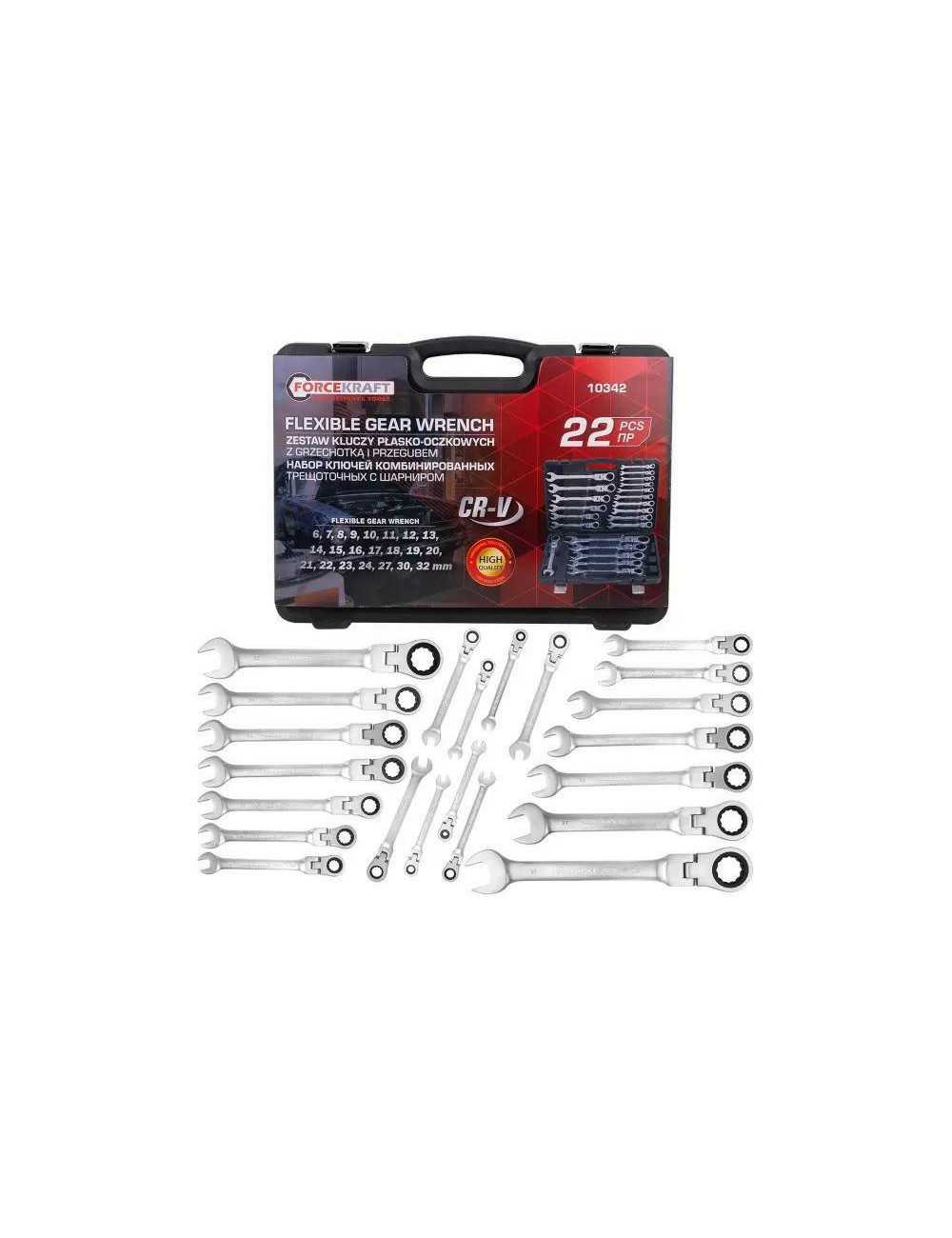 ROCKFORCE KLUCZ PŁASKO-OCZKOWY Z GRZECHOTKĄ PRZEGUBOWY  KOMPLET  22szt. FORCEKRAFT