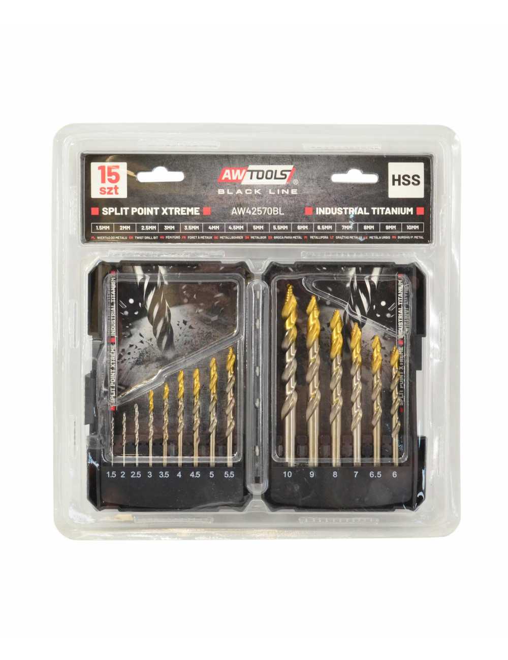 AWTOOLS WIERTŁO DO METALU M2 HSS-TiN  KOMPLET 15szt. 1.5-10mm BLACK LINE