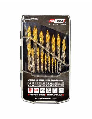 AWTOOLS WIERTŁO DO METALU M2 HSS-TiN ZESTAW 19szt. 1.5-10mm BLACK LINE