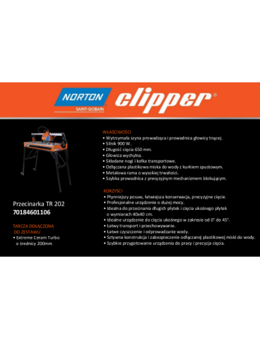 NORTON PRZECINARKA STOŁOWA DO CERAMIKI CLIPPER TR202 DŁUGOŚĆ CIĘCIA 650mm