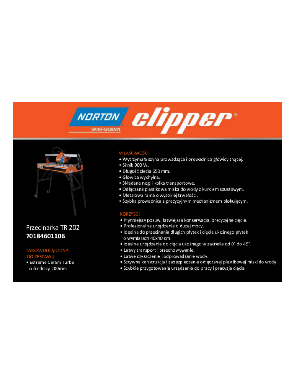 NORTON PRZECINARKA STOŁOWA DO CERAMIKI CLIPPER TR202 DŁUGOŚĆ CIĘCIA 650mm