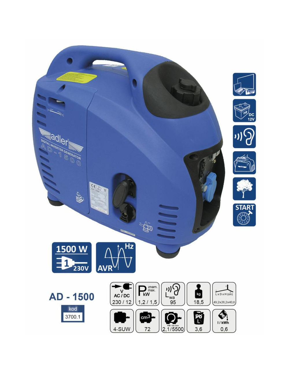 ADLER GENERATOR PRĄDOTWÓRCZY 1,5KW AD-1500 INWENTOROWY