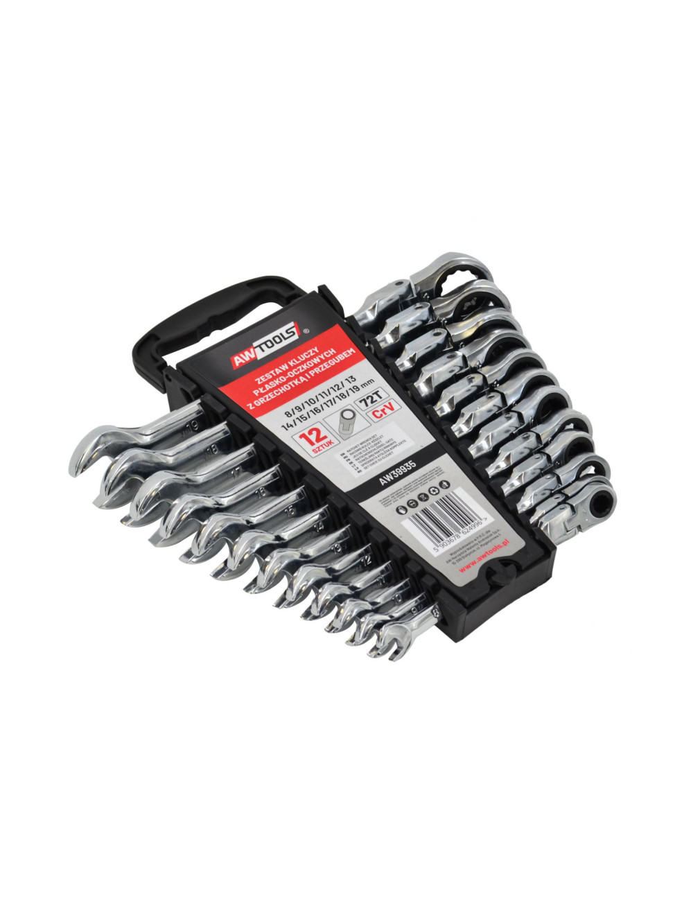 AWTOOLS KLUCZE PŁASKO OCZKOWE Z GRZECHOTKĄ PRZEGUBOWE KOMPLET 12szt. 8-19mm