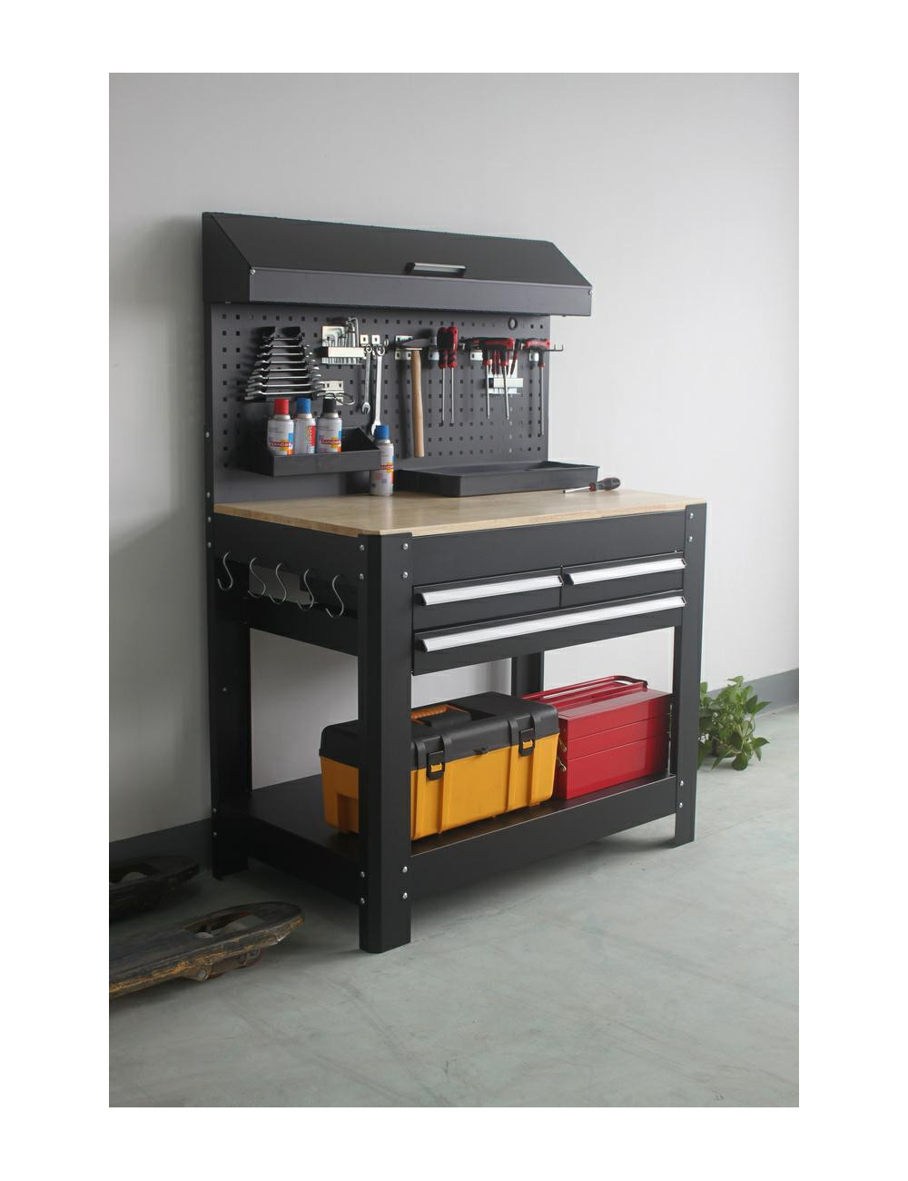 NUTOOL STÓŁ WARSZTATOWY 1145x635x1585mm BLAT SKLEJKA Z POSZYCIEM BLACHY OCYNK 1mm