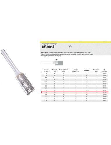 KLINGSPOR FREZ DO METALU HF 100 B FI8,0x19mm TRZPIEŃ 6mm TYP ZYAS, WALCOWY