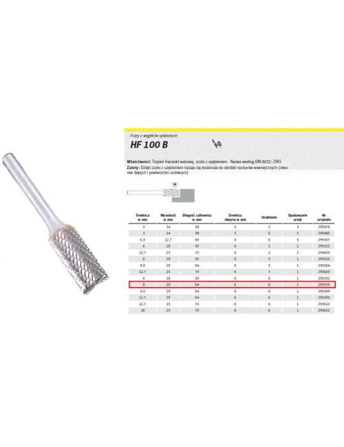 KLINGSPOR FREZ DO METALU HF 100 B FI8,0x19mm TRZPIEŃ 6mm TYP ZYAS, WALCOWY
