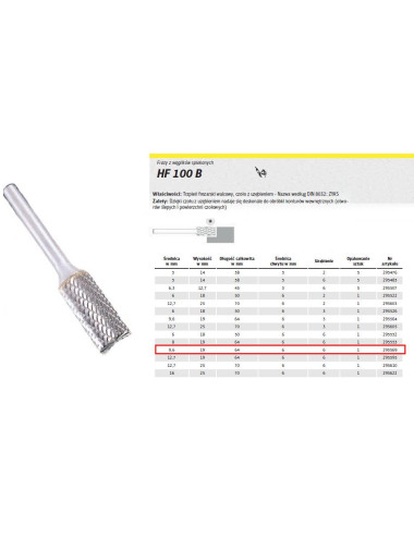 KLINGSPOR FREZ DO METALU HF 100 B FI9,6x19mm TRZPIEŃ 6mm TYP ZYAS, WALCOWY