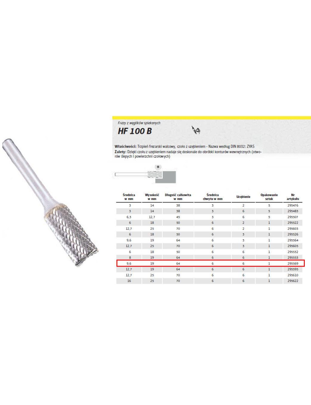 KLINGSPOR FREZ DO METALU HF 100 B FI9,6x19mm TRZPIEŃ 6mm TYP ZYAS, WALCOWY