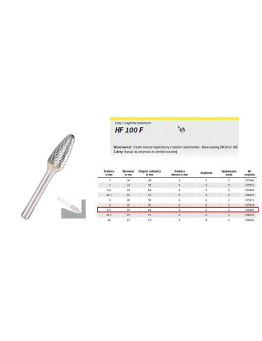 KLINGSPOR FREZ DO METALU HF 100 F FI9,6x19mm TRZPIEŃ 6mm TYP RBF, HIPERBOLICZNY-POŁOKRĄGŁY