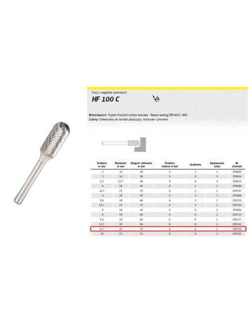 KLINGSPOR FREZ DO METALU HF 100 C FI12,7x25mm TRZPIEŃ 6mm TYP WRC, WALCOWO-KULISTY