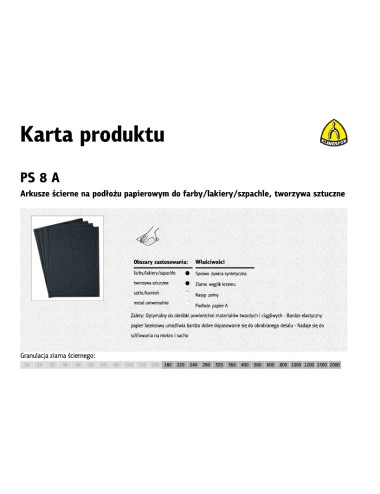 KLINGSPOR ARKUSZE ŚCIERNE NA PODŁOŻU PAPIEROWYM 230mm x 280mm PS8A NA MOKRO gr.2000 /50szt.