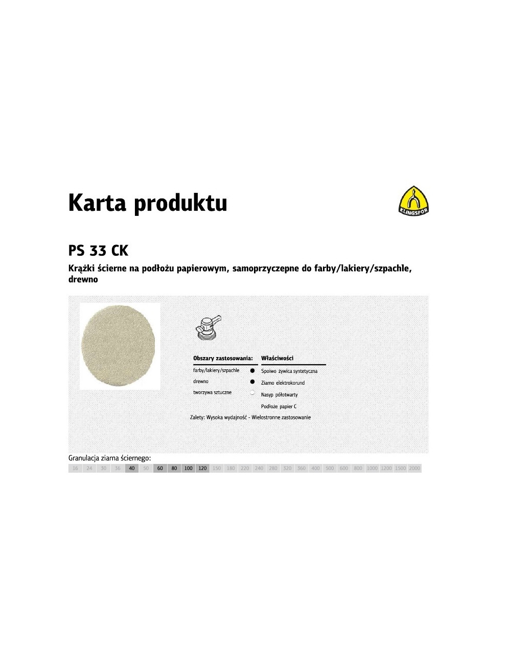 KLINGSPOR KRĄŻEK ŚCIERNY SAMOPRZYCZEPNY 225mm  PS33CK gr. 60 /50szt.