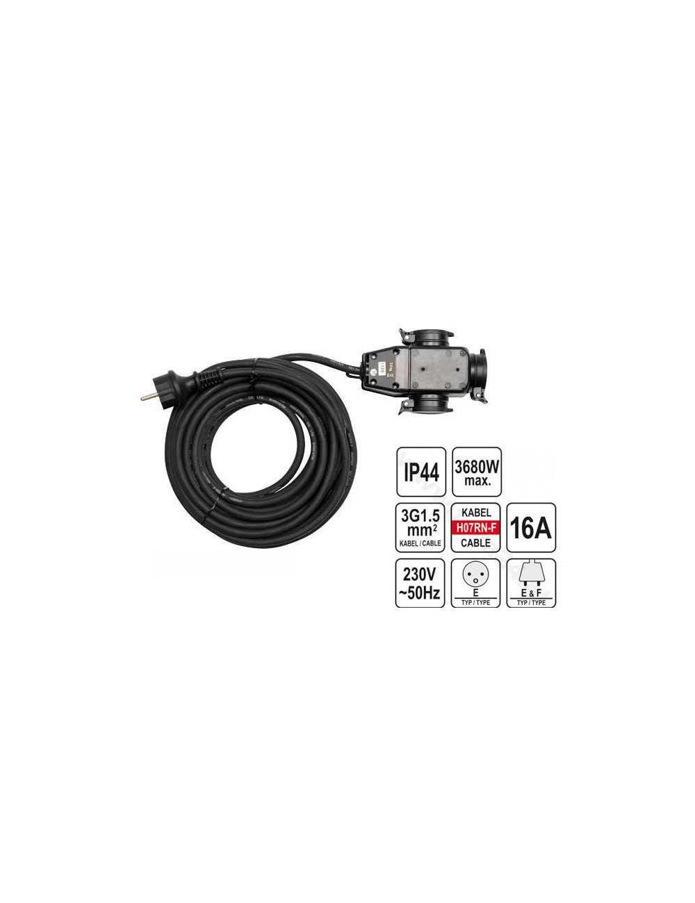 YATO PRZEDŁUŻACZ Z ROZGAŁĘŹNIKIEM 20m 3x1,5mm2 IP44 16A H07RN-F 81162
