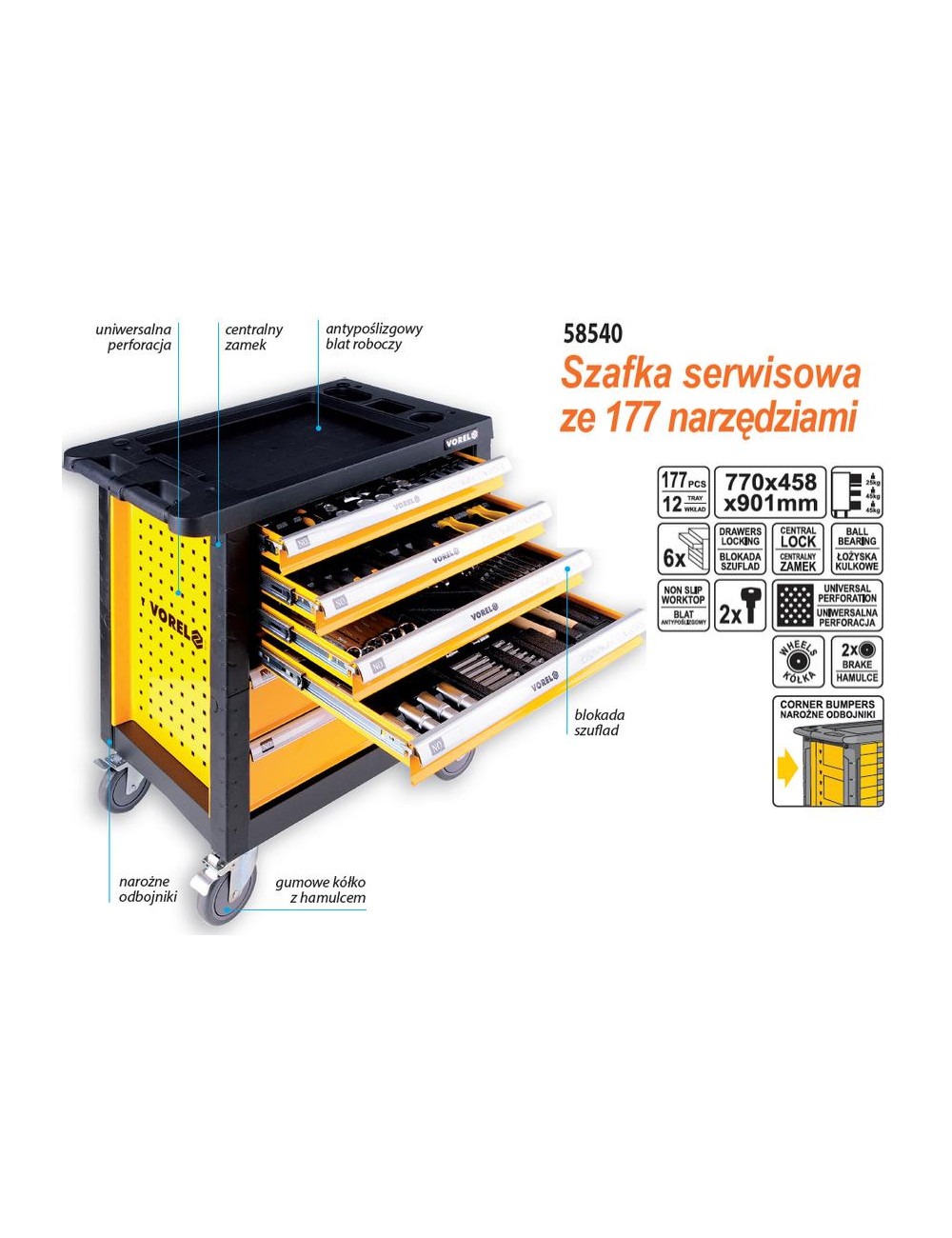 VOREL SZAFKA WARSZTATOWA 6-SZULFAD + 177szt. NARZĘDZI   58540